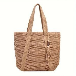 Minimalist Straw Design Shoulder Bag Tassel Decor Summer Vacation Handbag Beach